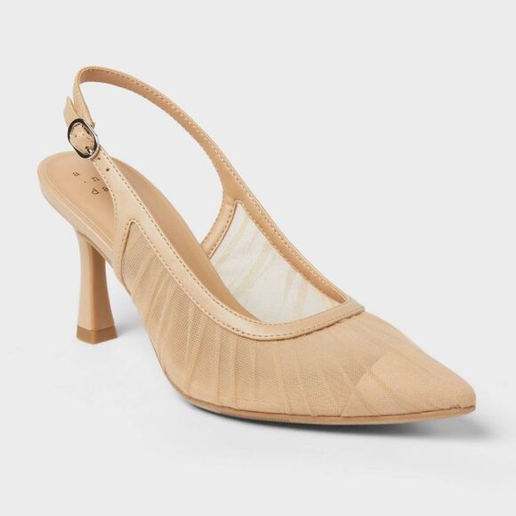 A New Day Shoes - Open Box - A New Day - Women’s Abigail Pleated Mesh Sling Back Heels – A  Tan